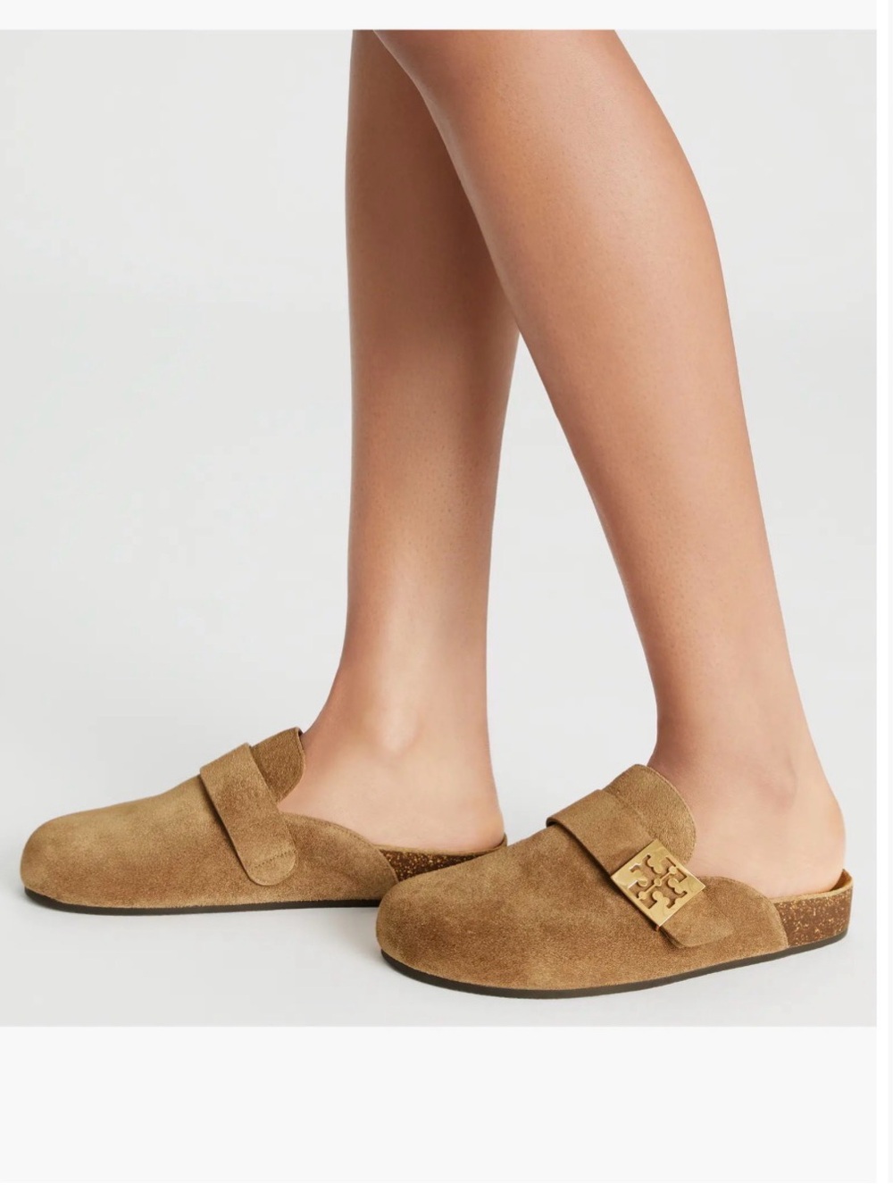 Tory Burch Taupe Suede Slide Mules with Gold Logo Accent